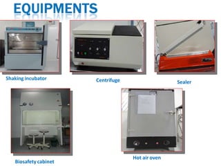 Shaking incubator
Biosafety cabinet
Hot air oven
Sealer
Centrifuge
 
