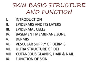 SKIN BASIC STRUCTURE
AND FUNCTION
I. INTRODUCTION
II. EPIDERMIS AND ITS LAYERS
III. EPIDERMAL CELLS
IV. BASEMENT MEMBRANE ZONE
V. DERMIS
VI. VESCULAR SUPPLY OF DERMIS
VII. ULTRA STRUCTURE OF DEJ
VIII. CUTANEOUS GLANDS, HAIR & NAIL
IX. FUNCTION OF SKIN
 