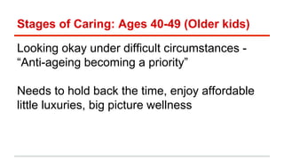 Stages of Caring: Ages 40-49 (Older kids) 
Looking okay under difficult circumstances - 
“Anti-ageing becoming a priority” 
Needs to hold back the time, enjoy affordable 
little luxuries, big picture wellness 
 