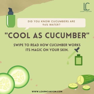 Swipe to read how cucumber works
its magic on your skin.


"COOL AS CUCUMBER"
DID YOU KNOW CUCUMBERS ARE
96% WATER?
L
C
L E A R N C A N Y O N
WWW.LEARNCANYON.COM
 