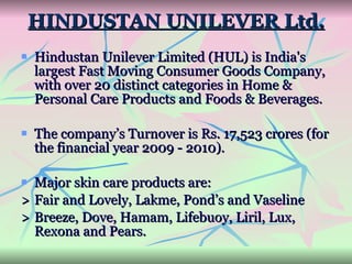 HINDUSTAN UNILEVER Ltd. Hindustan Unilever Limited (HUL) is India's largest Fast Moving Consumer Goods Company, with over 20 distinct categories in Home & Personal Care Products and Foods & Beverages. The company’s Turnover is Rs. 17,523 crores (for the financial year 2009 - 2010). Major skin care products are:  > Fair and Lovely, Lakme, Pond’s and Vaseline  > Breeze, Dove, Hamam, Lifebuoy, Liril, Lux,  Rexona and Pears. 