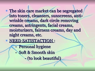 The skin care market can be segregated into toners, cleansers, sunscreens, anti-wrinkle creams, dark circle removing creams, astringents, facial creams, moisturizers, fairness creams, day and night creams, etc.  NEED SATISTACTION  :  -  Personal hygiene -  Soft & Smooth skin - (to look beautiful) 