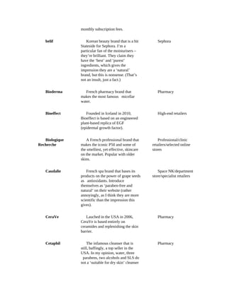 monthly	subscription	fees.		
		
		belif
		
Korean	beauty	brand	that	is	a	hit
Stateside	for	Sephora.	I’m	a
particular	fan	of	the	moisturisers	–
they’re	brilliant.	They	claim	they
have	the	‘best’	and	‘purest’
ingredients,	which	gives	the
impression	they	are	a	‘natural’
brand,	but	this	is	nonsense.	(That’s
not	an	insult,	just	a	fact.)		
		
Sephora		
		
		Bioderma
		
French	pharmacy	brand	that
makes	the	most	famous			micellar
water.
		
Pharmacy		
		
		Bioeffect
		
Founded	in	Iceland	in	2010,
Bioeffect	is	based	on	an	engineered
plant-based	replica	of	EGF
(epidermal	growth	factor).		
		
High-end	retailers		
		
		Biologique
Recherche
		
A	French	professional	brand	that
makes	the	iconic	P50	and	some	of
the	smelliest,	yet	effective,	skincare
on	the	market.	Popular	with	older
skins.		
		
Professional/clinic
retailers/selected	online
stores		
		
		Caudalie
		
French	spa	brand	that	bases	its
products	on	the	power	of	grape	seeds
as			antioxidants.	Introduce
themselves	as	‘paraben-free	and
natural’	on	their	website	(rather
annoyingly,	as	I	think	they	are	more
scientific	than	the	impression	this
gives).
		
Space	NK/department
store/specialist	retailers		
		
		CeraVe
		
Lauched	in	the	USA	in	2006,
CeraVe	is	based	entirely	on
ceramides	and	replenishing	the	skin
barrier.		
		
Pharmacy		
		
		Cetaphil
		
The	infamous	cleanser	that	is
still,	baffingly,	a	top	seller	in	the
USA.	In	my	opinion,	water,	three
		parabens,	two	alcohols	and	SLS	do
not	a	‘suitable	for	dry	skin’	cleanser
		
Pharmacy		
 