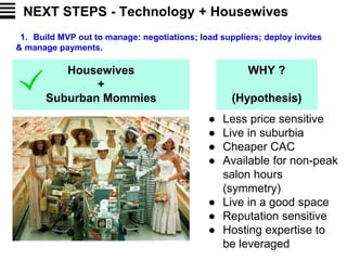 NEXT STEPS - Technology + Housewives
Housewives
+
Suburban Mommies
WHY ?
(Hypothesis)
● Less price sensitive
● Live in suburbia
● Cheaper CAC
● Available for non-peak
salon hours
(symmetry)
● Live in a good space
● Reputation sensitive
● Hosting expertise to
be leveraged
1. Build MVP out to manage: negotiations; load suppliers; deploy invites
& manage payments.
 