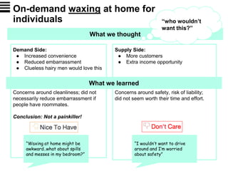 Demand Side:
● Increased convenience
● Reduced embarrassment
● Clueless hairy men would love this
Concerns around cleanliness; did not
necessarily reduce embarrassment if
people have roommates.
Conclusion: Not a painkiller!
On-demand waxing at home for
individuals
Supply Side:
● More customers
● Extra income opportunity
Concerns around safety, risk of liability;
did not seem worth their time and effort.
What we learned
“Waxing at home might be
awkward..what about spills
and messes in my bedroom?”
“I wouldn’t want to drive
around and I’m worried
about safety”
What we thought
“who wouldn’t
want this?”
 