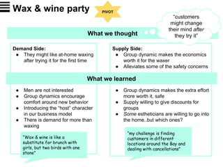 Demand Side:
● They might like at-home waxing
after trying it for the first time
● Men are not interested
● Group dynamics encourage
comfort around new behavior
● Introducing the “host” character
in our business model
● There is demand for more than
waxing
Wax & wine party
“Wax & wine is like a
substitute for brunch with
girls, but two birds with one
stone”
What we thought
Supply Side:
● Group dynamic makes the economics
worth it for the waxer
● Alleviates some of the safety concerns
● Group dynamics makes the extra effort
more worth it, safe
● Supply willing to give discounts for
groups
● Some estheticians are willing to go into
the home..but which ones?
“customers
might change
their mind after
they try it”
What we learned
“my challenge is finding
customers in different
locations around the Bay and
dealing with cancellations”
PIVOT
 