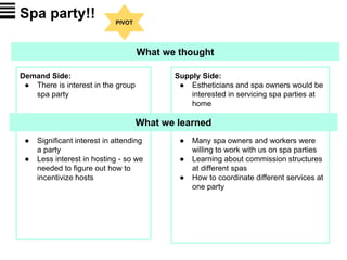 Demand Side:
● There is interest in the group
spa party
● Significant interest in attending
a party
● Less interest in hosting - so we
needed to figure out how to
incentivize hosts
Spa party!!
What we thought
Supply Side:
● Estheticians and spa owners would be
interested in servicing spa parties at
home
● Many spa owners and workers were
willing to work with us on spa parties
● Learning about commission structures
at different spas
● How to coordinate different services at
one party
What we learned
PIVOT
 