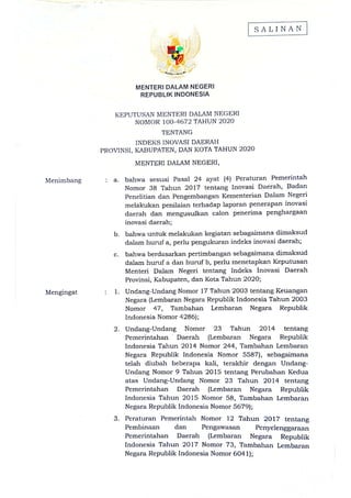 Sk indeks inovasi daerah provinsi, kabupaten, dan kota tahun 2020