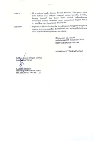 Sk indeks inovasi daerah provinsi, kabupaten, dan kota tahun 2020