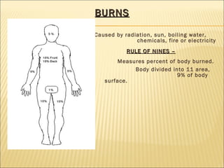 BURNSBURNS
Caused by radiation, sun, boiling water,
chemicals, fire or electricity
RULE OF NINES –RULE OF NINES –
Measures percent of body burned.
Body divided into 11 area,
each is 9% of body
surface.
 