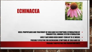 ECHINACEA


USES: PROPHYLAXIS AND TREATMENT OF COLD AND FLU SYMPTOMS (STIMULATION OF    •
                                PHAGOCYTES), IMMUNE SYSTEM STIMULATION
                         LIKELY SAFE WHEN USED SHORT-TERM UP TO 12 WEEKS    •
              POSSIBLY EFFECTIVE FOR DECREASING SYMPTOMS OF COLD AND FLU    •
                                POSSIBLY INEFFECTIVE FOR PREVENTING URI’S   •
 
