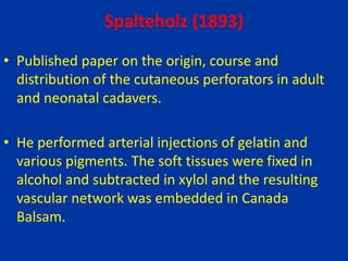 Spalteholz (1893)
• Published paper on the origin, course and
distribution of the cutaneous perforators in adult
and neonatal cadavers.
• He performed arterial injections of gelatin and
various pigments. The soft tissues were fixed in
alcohol and subtracted in xylol and the resulting
vascular network was embedded in Canada
Balsam.
 