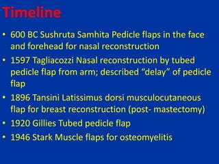 Timeline
• 600 BC Sushruta Samhita Pedicle flaps in the face
and forehead for nasal reconstruction
• 1597 Tagliacozzi Nasal reconstruction by tubed
pedicle flap from arm; described “delay” of pedicle
flap
• 1896 Tansini Latissimus dorsi musculocutaneous
flap for breast reconstruction (post- mastectomy)
• 1920 Gillies Tubed pedicle flap
• 1946 Stark Muscle flaps for osteomyelitis
 