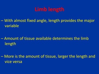 Limb length
– With almost fixed angle, length provides the major
variable
– Amount of tissue available determines the limb
length
– More is the amount of tissue, larger the length and
vice versa
 