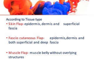 According to Tissue type
• Skin Flap-epidermis,dermis and
fascia
superficial
• Fascio cutaneous Flap- epidermis,dermis and
both superficial and deep fascia
• Muscle Flap- muscle belly without overlying
structures
 