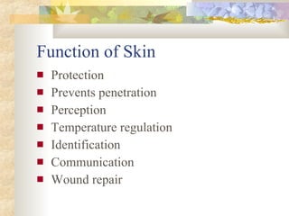 Function of Skin Protection Prevents penetration Perception Temperature regulation Identification Communication Wound repair 