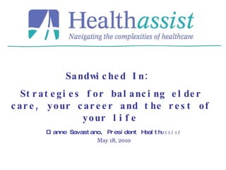 Dianne Savastano, President Health assist May 18, 2010 Sandwiched In:  Strategies for balancing elder care, your career and the rest of your life   