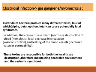 Clostridial infection-> gas gangrene/myonecrosis :
Clostridium bacteria produce many different toxins, four of
which(alpha, beta, epsilon, iota) can cause potentially fatal
syndromes.
In addition, they cause: tissue death (necrosis), destruction of
blood (hemolysis), local decrease in circulation
(vasoconstriction),and leaking of the blood vessels (increased
vascular permeability).
These toxins are responsible for both the local tissue
destruction ,therefore maintaining anaerobic environment
and the systemic symptomS.
5
6
 