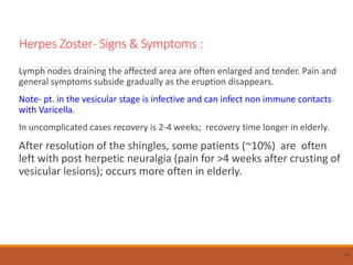 Herpes Zoster- Signs & Symptoms :
Lymph nodes draining the affected area are often enlarged and tender. Pain and
general symptoms subside gradually as the eruption disappears.
Note- pt. in the vesicular stage is infective and can infect non immune contacts
with Varicella.
In uncomplicated cases recovery is 2-4 weeks; recovery time longer in elderly.
After resolution of the shingles, some patients (~10%) are often
left with post herpetic neuralgia (pain for >4 weeks after crusting of
vesicular lesions); occurs more often in elderly.
78
 