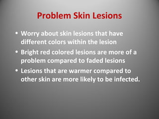 Problem Skin Lesions 
• Worry about skin lesions that have 
different colors within the lesion 
• Bright red colored lesions are more of a 
problem compared to faded lesions 
• Lesions that are warmer compared to 
other skin are more likely to be infected. 
 