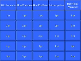 2 pt 3 pt 4 pt 5pt 1 pt 2 pt 3 pt 4 pt 5 pt 1 pt 2pt 3 pt 4pt 5 pt 1pt 2pt 3 pt 4 pt 5 pt 1 pt 2 pt 3 pt 4pt 5 pt 1pt Skin Structure Skin Function Skin Problems Microorganisms Beneficial  Microbes 