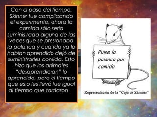 Con el paso del tiempo,
Skinner fue complicando
el experimento, ahora la
comida sólo sería
suministrada alguna de las
veces que se presionaba
la palanca y cuando ya lo
habían aprendido dejó de
suministrarles comida. Esto
hizo que los animales
“desaprendieran” lo
aprendido, pero el tiempo
que esto les llevó fue igual
al tiempo que tardaron en
aprenderlo.
 