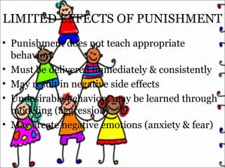 LIMITED EFFECTS OF PUNISHMENT
• Punishment does not teach appropriate
behaviors
• Must be delivered immediately & consistently
• May result in negative side effects
• Undesirable behaviors may be learned through
modeling (aggression)
• May create negative emotions (anxiety & fear)
 