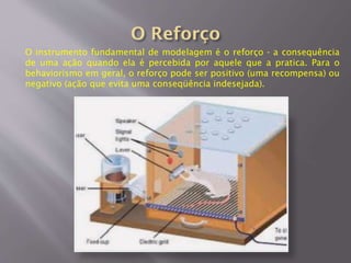 O instrumento fundamental de modelagem é o reforço - a consequência
de uma ação quando ela é percebida por aquele que a pratica. Para o
behaviorismo em geral, o reforço pode ser positivo (uma recompensa) ou
negativo (ação que evita uma conseqüência indesejada).
 