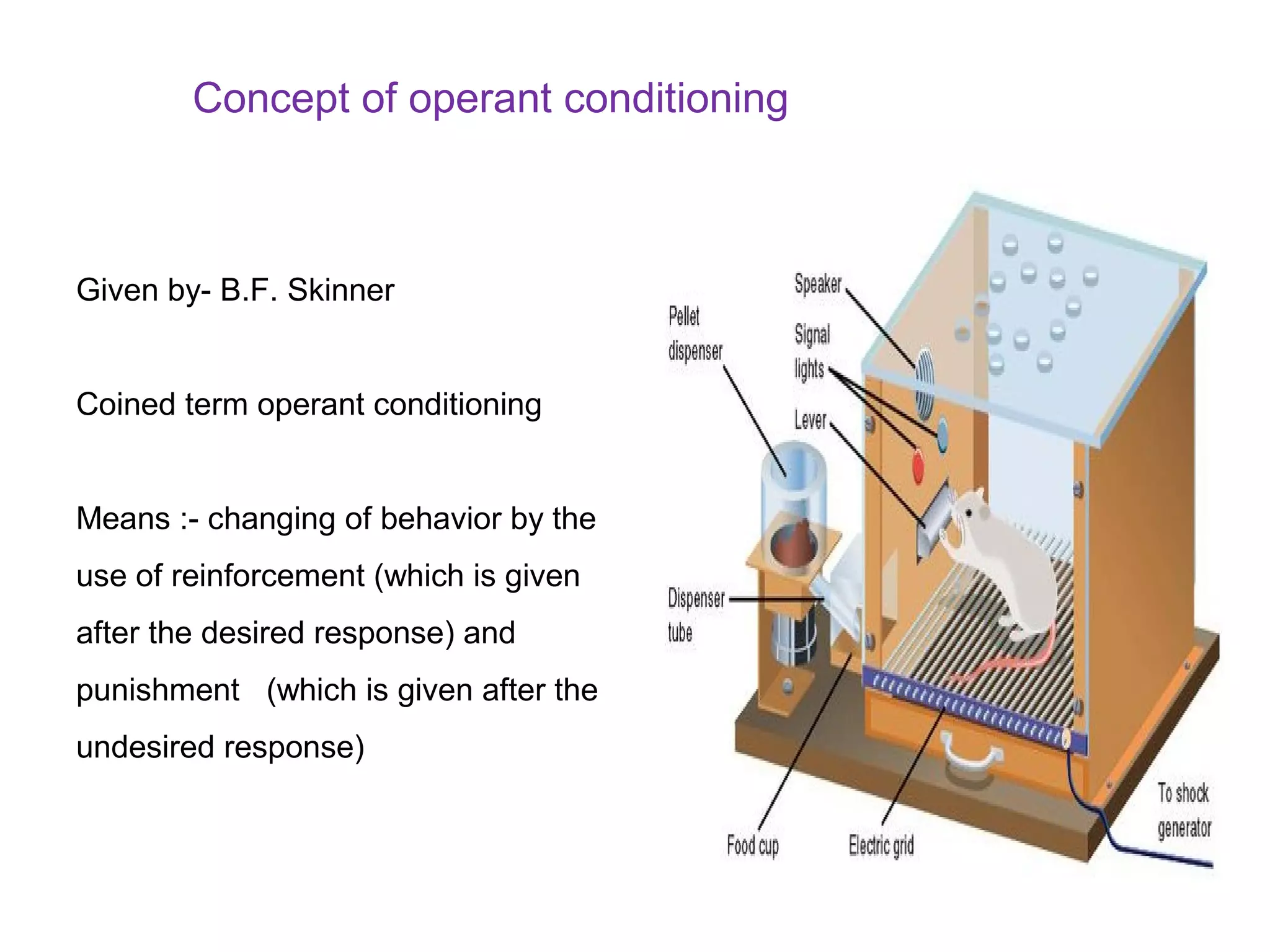 Concept of operant conditioning
Given by- B.F. Skinner
Coined term operant conditioning
Means :- changing of behavior by the
use of reinforcement (which is given
after the desired response) and
punishment (which is given after the
undesired response)
 