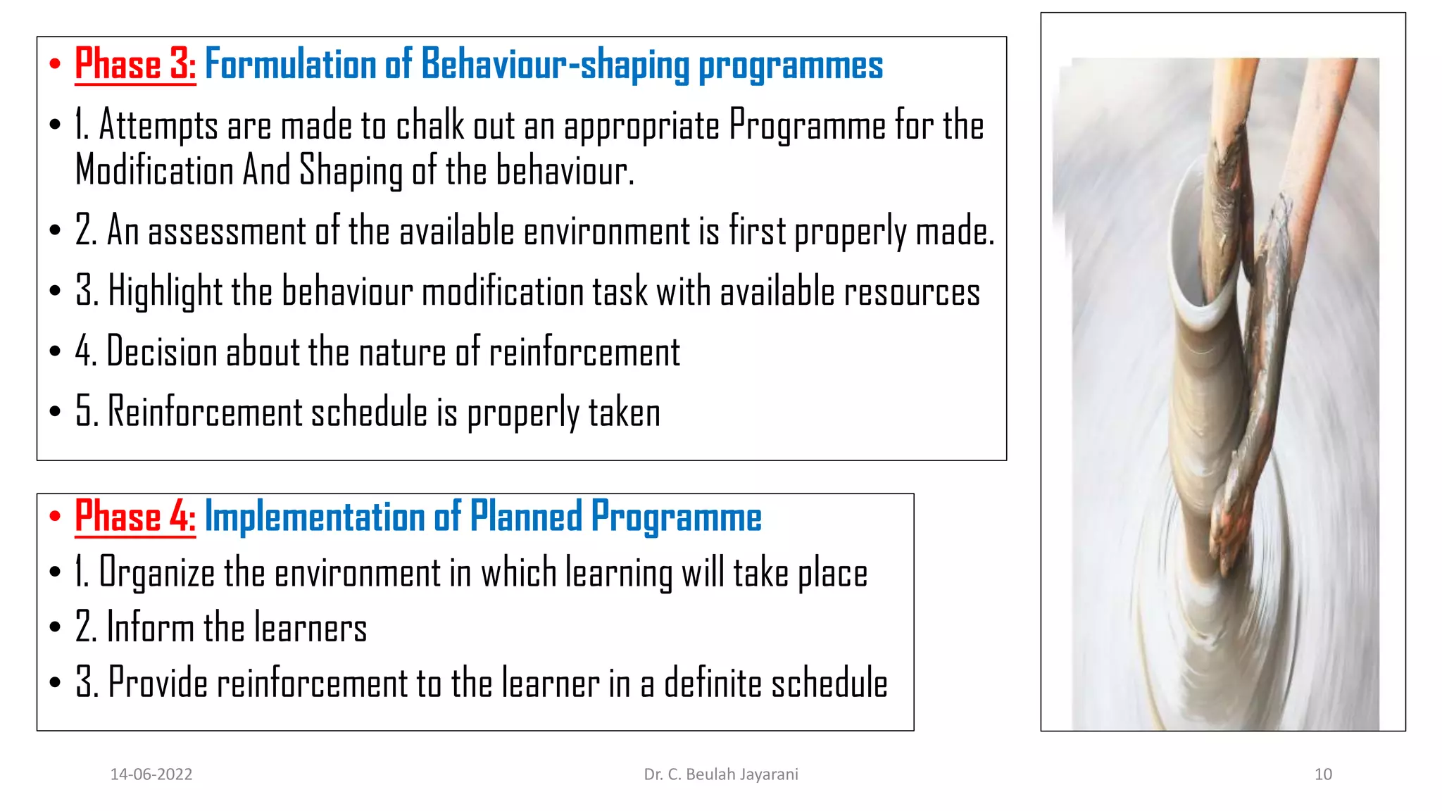• Phase 3: Formulation of Behaviour-shaping programmes
• 1. Attempts are made to chalk out an appropriate Programme for the
Modification And Shaping of the behaviour.
• 2. An assessment of the available environment is first properly made.
• 3. Highlight the behaviour modification task with available resources
• 4. Decision about the nature of reinforcement
• 5. Reinforcement schedule is properly taken
• Phase 4: Implementation of Planned Programme
• 1. Organize the environment in which learning will take place
• 2. Inform the learners
• 3. Provide reinforcement to the learner in a definite schedule
14-06-2022 Dr. C. Beulah Jayarani 10
 