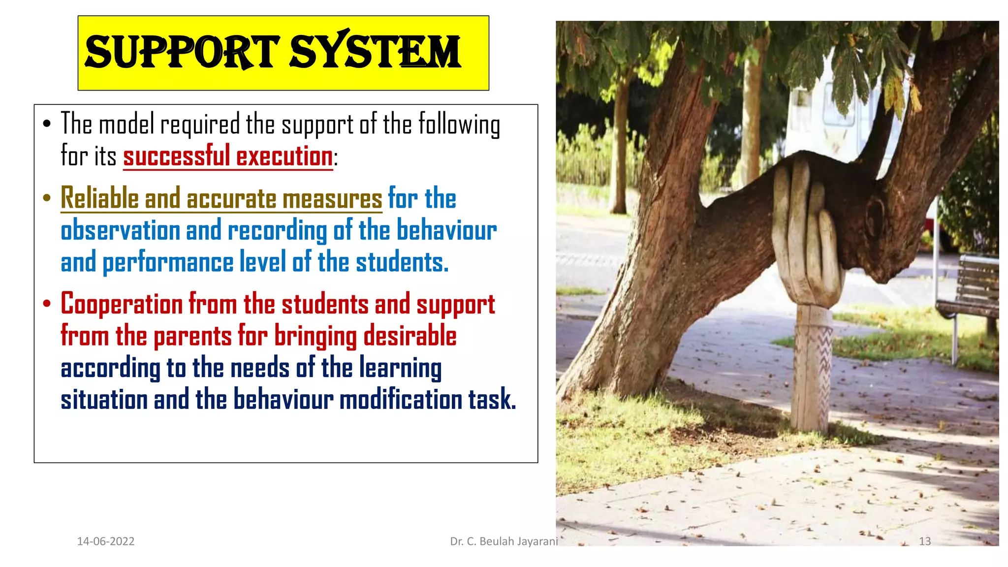 Support System
• The model required the support of the following
for its successful execution:
• Reliable and accurate measures for the
observation and recording of the behaviour
and performance level of the students.
• Cooperation from the students and support
from the parents for bringing desirable
according to the needs of the learning
situation and the behaviour modification task.
14-06-2022 Dr. C. Beulah Jayarani 13
 