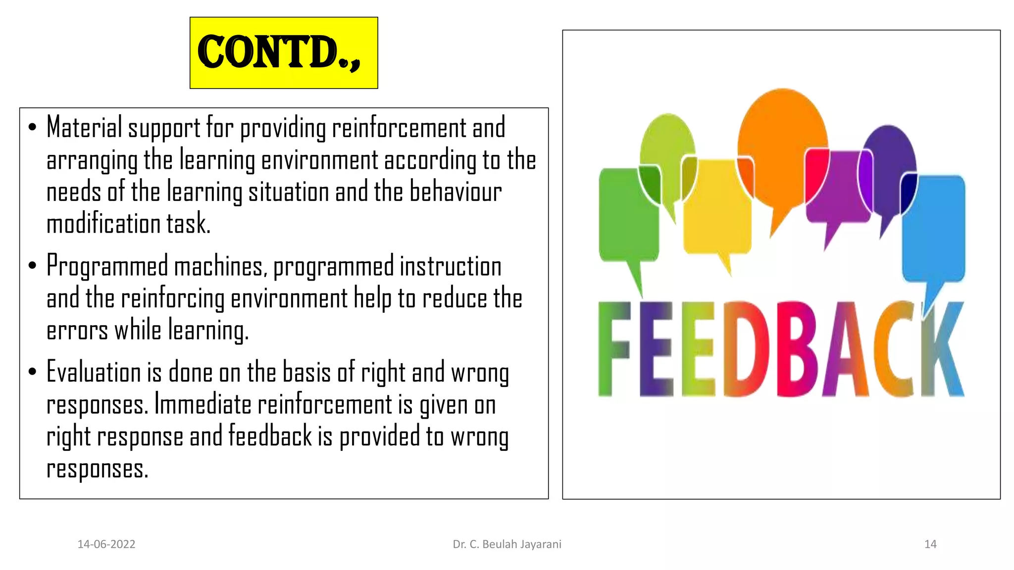 Contd.,
• Material support for providing reinforcement and
arranging the learning environment according to the
needs of the learning situation and the behaviour
modification task.
• Programmed machines, programmed instruction
and the reinforcing environment help to reduce the
errors while learning.
• Evaluation is done on the basis of right and wrong
responses. Immediate reinforcement is given on
right response and feedback is provided to wrong
responses.
14-06-2022 Dr. C. Beulah Jayarani 14
 
