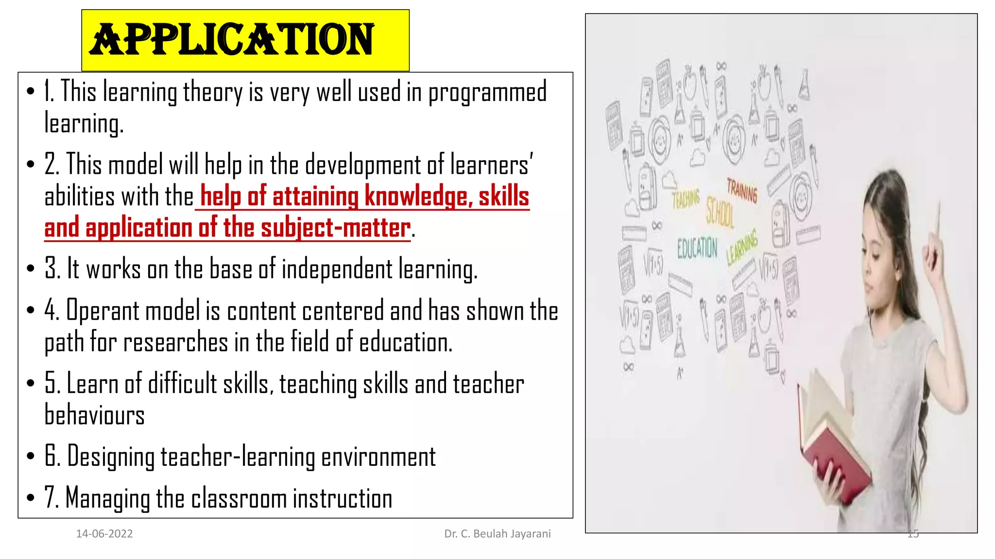 Application
• 1. This learning theory is very well used in programmed
learning.
• 2. This model will help in the development of learners’
abilities with the help of attaining knowledge, skills
and application of the subject-matter.
• 3. It works on the base of independent learning.
• 4. Operant model is content centered and has shown the
path for researches in the field of education.
• 5. Learn of difficult skills, teaching skills and teacher
behaviours
• 6. Designing teacher-learning environment
• 7. Managing the classroom instruction
14-06-2022 Dr. C. Beulah Jayarani 15
 