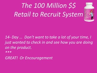 The 100 Million $$
     Retail to Recruit System

14- Day … Don’t want to take a lot of your time, I
just wanted to check in and see how you are doing
on the product.
***
GREAT! Or Encouragement
 