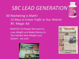 SBC LEAD GENERATION
All Marketing is Math!
   10 Ways to Create Traffic to Your Website
   #5 Magic Ad
  WANTED 10 People that want to
  Lose Weight and Make Money to
  Test Market New Weight Loss
  System xxx-xxxx
 
