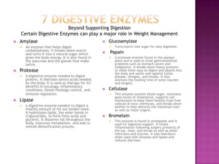  Amylase
 An enzyme that helps digest
carbohydrates. It breaks down starch
and turns it into a natural sugar which
gives the body energy. It is also found in
the pancreas and the glands that make
saliva
 Protease
 A digestive enzyme needed to digest
protein. It liberates amino acids needed
by the body. It is used as therapy for its’
benefits in oncology, inflammatory
conditions, blood rheology control, and
immune regulation.
 Lipase
 a digestive enzyme needed to digest a
healthy amount of fat our bodies need.
It hydrolyzes lipids, the ester bonds in
triglycerides, to form fatty acids and
glycerol. It dissolves fat throughout the
body, improves metabolism, and aids in
overall detoxification process.
 Glucoamylase
 Turns starch into sugar for easy digestion.
 Papain
 A protease enzyme found in the papaya
plant and is used to treat gastrointestinal
problems such as stomach ulcers and
indigestion. It breaks down heavy proteins
to make them easy to digest and absorb into
the body and works well against Celiac
disease, shingles, and herpes. It also
shortens the healing time of some injuries
and surgery.
 Cellulase
 This enzyme sustains blood sugar, maintains
good levels of cholesterol, supports cell
membranes to keep them healthy from free
radicals & toxic chemicals, and breaks down
biofilm to help detoxify the intestinal tract
as well as major organs.
 Bromelain
 This enzyme is found in pineapples and is
used for digestive support. It treats
inflammation following surgery primarily of
the ear, nose, and throat as well as other
infections and injuries. It aids heartburn
when used with amylase and lipase and
reduces diarrhea.
Beyond Supporting Digestion
Certain Digestive Enzymes can play a major role in Weight Management
 
