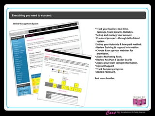 Skinny Body
Care ™
© 2011 SkinnyBodyCare All Rights Reserved.
Everything you need to succeed.
Online Management System
• Track your business real-time.
Earnings, Team Growth, Statistics.
• Set up and manage your account.
• Pre-enrol prospects through tell a friend
system.
• Set up your Autoship & how paid method.
• Review Training & support information.
• Choose & set up your websites for
promotion.
• Access Marketing Tools.
• Review Pay Plan & Leader boards
• Access your team contact information.
• Contact Support
• Track Company progress.
• ORDER PRODUCT.
And more besides.
 