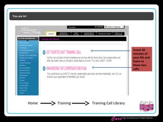 Skinny Body
Care ™
© 2011 SkinnyBodyCare All Rights Reserved.
You are In!
Training call library
Invest 50
minutes of
your life and
listen to
these two
calls.
Home Training Training Call Library
 