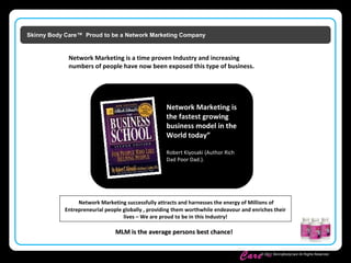 Skinny Body
Care ™
© 2011 SkinnyBodyCare All Rights Reserved.
Skinny Body Care™ Proud to be a Network Marketing Company
Network Marketing is a time proven Industry and increasing
numbers of people have now been exposed this type of business.
Network Marketing is
the fastest growing
business model in the
World today”
Robert Kiyosaki (Author Rich
Dad Poor Dad.).
Network Marketing successfully attracts and harnesses the energy of Millions of
Entrepreneurial people globally , providing them worthwhile endeavour and enriches their
lives – We are proud to be in this Industry!
MLM is the average persons best chance!MLM is the average persons best chance!
 