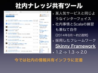 社内ナレッジ共有ツール
•某人気サービスと同じよ
うなインターフェイス
•社内事情とScalaの練習
も兼ねて自作
(2014年8月∼約2週間)
•採用したフレームワーク
Skinny Framework
•1.2 -> 1.3 -> 2.0
今では社内の情報共有インフラに定着
 