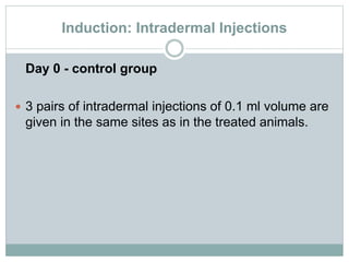 Induction: Intradermal Injections
Day 0 - control group
 3 pairs of intradermal injections of 0.1 ml volume are
given in the same sites as in the treated animals.
 