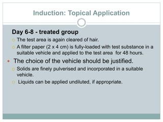 Induction: Topical Application
Day 6-8 - treated group
 The test area is again cleared of hair.
 A filter paper (2 x 4 cm) is fully-loaded with test substance in a
suitable vehicle and applied to the test area for 48 hours.
 The choice of the vehicle should be justified.
 Solids are finely pulverised and incorporated in a suitable
vehicle.
 Liquids can be applied undiluted, if appropriate.
 