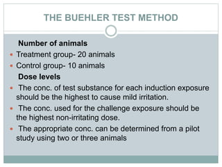THE BUEHLER TEST METHOD
Number of animals
 Treatment group- 20 animals
 Control group- 10 animals
Dose levels
 The conc. of test substance for each induction exposure
should be the highest to cause mild irritation.
 The conc. used for the challenge exposure should be
the highest non-irritating dose.
 The appropriate conc. can be determined from a pilot
study using two or three animals
 
