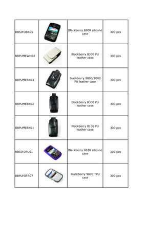 Blackberry 8900 silicone
BBSIFOBK05                              300 pcs
                      case




               Blackberry 8300 PU
BBPUMEWH04                              300 pcs
                   leather case




              Blackberry 8800/9000
BBPUMEBK03                              300 pcs
                 PU leather case




               Blackberry 8300 PU
BBPUMEBK02                              300 pcs
                   leather case




               Blackberry 8100 PU
BBPUMEBK01                              300 pcs
                   leather case




             Blackberry 9630 silicone
BBSIFOPU01                              300 pcs
                      case




              Blackberry 9000 TPU
BBPLFOTR07                              300 pcs
                      case
 
