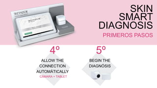SKIN
SMART
DIAGNOSIS
PRIMEROS PASOS
4º
ALLOW THE
CONNECTION
AUTOMÁTICALLY
CÁMARA + TABLET
5º
BEGIN THE
DIAGNÓSIS
 