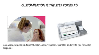 CUSTOMISATION IS THE STEP FORWARD
Do a visible diagnosis, touchtheskin, observe pores, wrinkles and invite her for a skin
diagnosis
 
