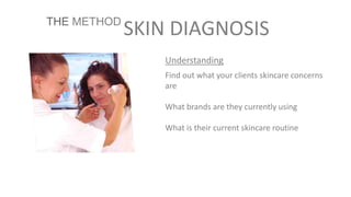 SKIN DIAGNOSIS
Understanding
Find out what your clients skincare concerns
are
What brands are they currently using
What is their current skincare routine
THE METHOD
 