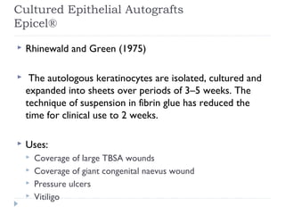 Cultured Epithelial Autografts
Epicel®
 Rhinewald and Green (1975)
 The autologous keratinocytes are isolated, cultured and
expanded into sheets over periods of 3–5 weeks. The
technique of suspension in fibrin glue has reduced the
time for clinical use to 2 weeks.
 Uses:
 Coverage of large TBSA wounds
 Coverage of giant congenital naevus wound
 Pressure ulcers
 Vitiligo
 