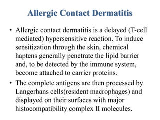 Allergic Contact Dermatitis
• Allergic contact dermatitis is a delayed (T-cell
mediated) hypersensitive reaction. To induce
sensitization through the skin, chemical
haptens generally penetrate the lipid barrier
and, to be detected by the immune system,
become attached to carrier proteins.
• The complete antigens are then processed by
Langerhans cells(resident macrophages) and
displayed on their surfaces with major
histocompatibility complex II molecules.
 