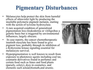 Pigmentary Disturbances
• Melanocytes help protect the skin from harmful
effects of ultraviolet light by producing the
insoluble polymeric pigment melanin, starting
with the action of tyrosine hydroxylase.
• A rare acquired condition of generalized
pigmentation loss (leukoderma or vitiligo)has a
genetic basis but is triggered by environmental
inﬂuences, largely obscure.
• In case reports, the cancer chemotherapeutic
imatinib mesylate has been found to give
pigment loss, probably through its inhibition of
c-Kittyrosine kinase signaling essential for
melanocyte survival.
• Hyperpigmentation is well known to result from
exposure to phototoxic agents including coal tar,
coumarin derivatives found in perfumes and
certain food such as limes and food plants
(parsely, celery), dyes in cosmetics, and
elements such aslead,bismuth,and arsenic.
 